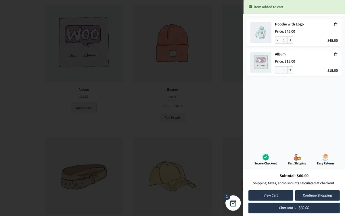 Side Cart WooCommerce in our test store with two products