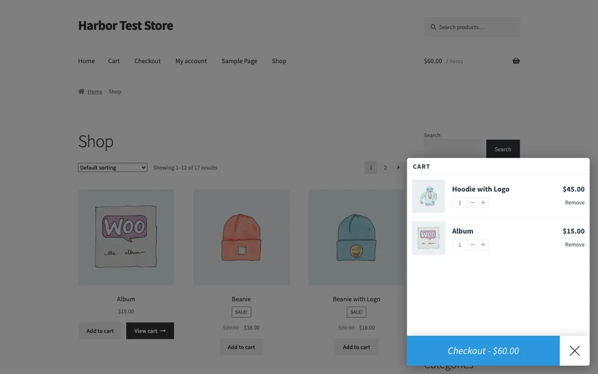 XT Floating Cart opened from its cart button in our test store