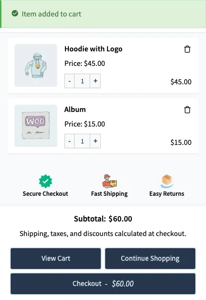 Side Cart WooCommerce in our test store with two products